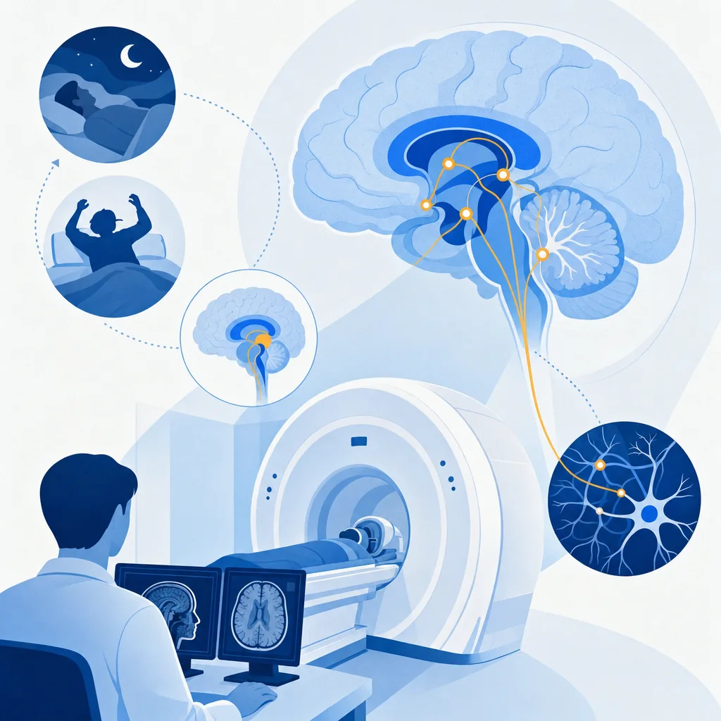 렘수면행동장애 MRI 검사 과정과 관련된 뇌 영역을 설명하는 일러스트