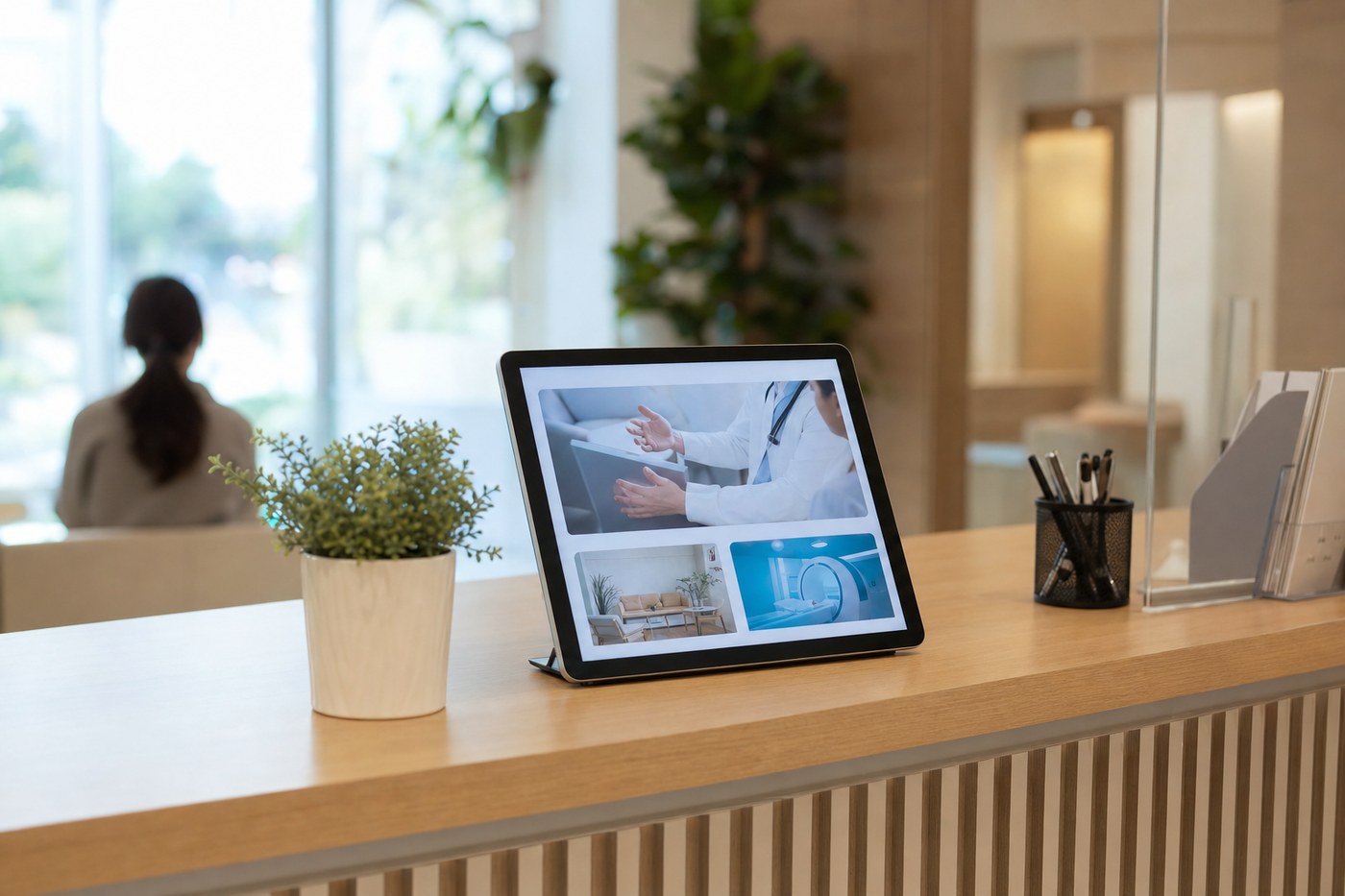 병원 접수 데스크에 놓인 태블릿 화면